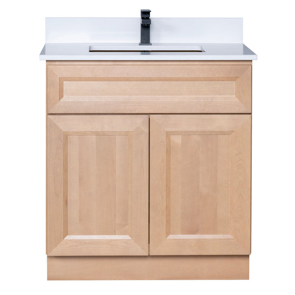 Natural wood bathroom vanity with a white countertop.