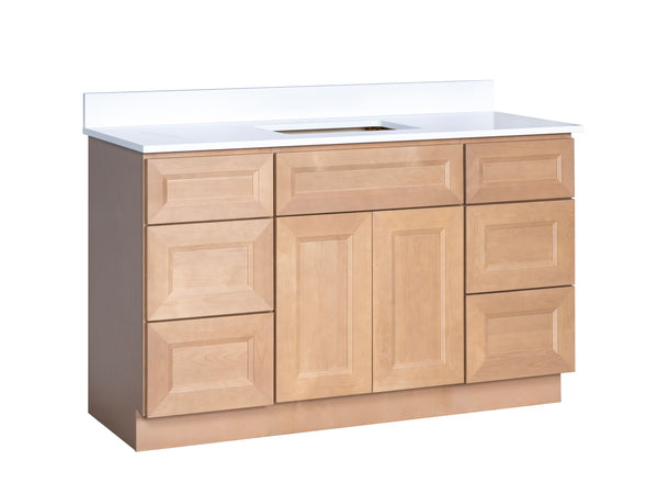 54” wide Timber bathroom vanity cabinet with single sink configuration and soft-close drawers