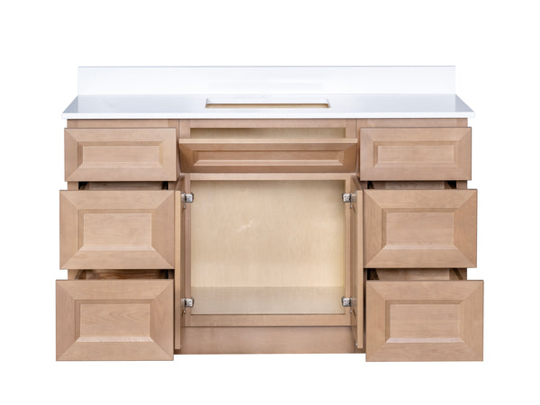 54 inch single sink Timber vanity cabinet with deep storage drawers open and ample under the sink storage