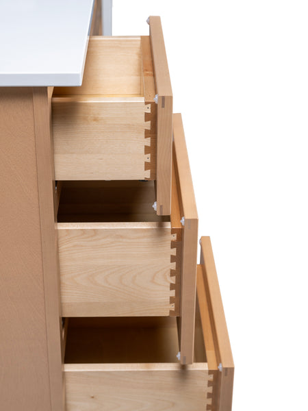 Timber finish 54 inch vanity base showing spacious drawers and solid wood construction