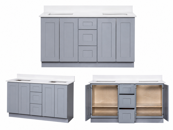 Gray bathroom vanity with two sinks