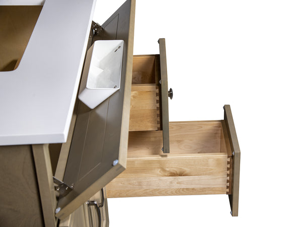 All Wood Bathroom Vanity Cabinet.   Solid Doors & Drawers. Dove-tailed Drawers Pre-installed with Full Extension Cabinet Slides. Comes with Tip-out Tray for Extra Storage.